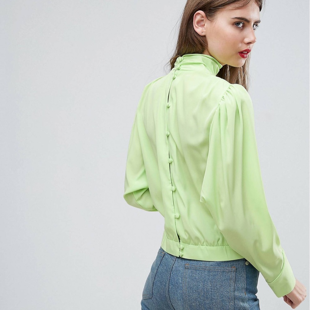 ASOS Long Sleeve Blouse Button Back lime green NWT
